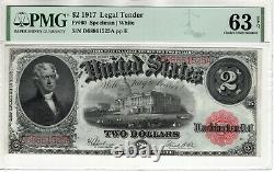 1917 $2 Legal Tender Red Seal Note Devise Fr. 60 Pmg Choix Unc 63 Epq (525a)