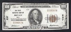 1929 $100 Première Banque Nationale de Bryan, Oh Monnaie Nationale Ch. #237 Environ non circulée