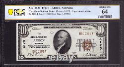 1929 10 $ Albion Monnaie Des Billets Nationaux Nebraska Pcgs B Choice Unc 64