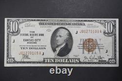 1929 $10 Monnaie Nationale FRB Sceau Marron 1680J Unc. Kansas City Mo