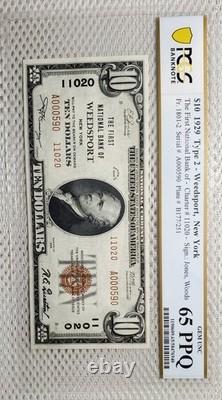 1929 $10 Monnaie Nationale Weedsport, New York PCGS Gem UNC 65PPQ Belle Note Rare