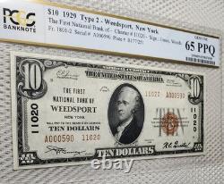 1929 $10 Monnaie Nationale Weedsport, New York PCGS Gem UNC 65PPQ Belle Note Rare