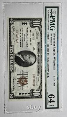 1929 10 $ Monnaie nationale WISCONSIN RAPIDS, WI WISCONSIN PMG Choix UNC 64EPQ