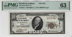 1929 10 $ Premier Billet De Banque National Plainfield Indiana Monnaie Pmg Choice Unc 63