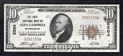 1929 $10 Première Banque Nationale De Glen Campbell, Pa Monnaie Nationale Ch #5204 Unc