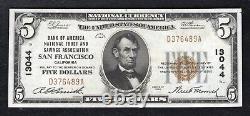 1929 5 $ Banque d'Amérique San Francisco, Ca Monnaie Nationale Ch. #13044 Presque neuf