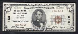 1929 5 $ La Salem Nb & Trust Co. Salem, Nj Monnaie Nationale Ch. #1326 Gem Unc