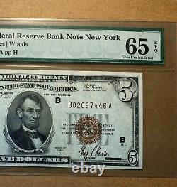 1929 $5 National Currency Note Pmg65 Epq New York District Gem Unc! Navire Libre