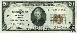 1929 Etats-unis $20 Federal Reserve Bank Richmond, Va National Currency Unc Note