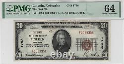 1929 T1 20 $ Première Monnaie Nationale Lincoln Nebraska Pmg Choice Unc 64