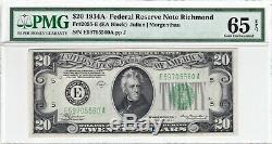 1934a Richmond Billet De La Réserve Fédérale Américaine De 20 $ Pmg 65 Epq Gem Unc Currency Dollars Frn
