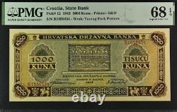 1943 Croatie 1000 KUNA P12 BILLET DE BANQUE CURRENCY UNC PMG 68