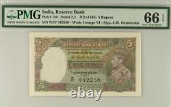 1943 Inde 5 Roupies P18b Billet de Banque Monnaie UNC PMG 66