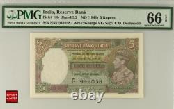 1943 Inde 5 roupies P18b billet de banque monnaie UNC PMG 66