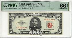 1963 $5 Legal Tender Star Note Devise Sceau Rouge Fr. 1536 Pmg Gemm Unc 66 Epq