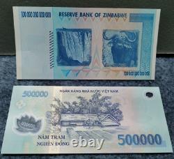 2008 Zimbabwe 100 Trillion Dollars Vietnam 500000 Dong Banknote Monnaie Unc