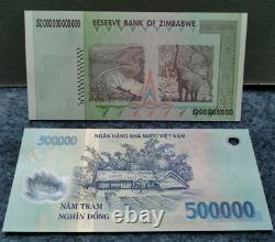2008 Zimbabwe 50 Trillion Dollars Vietnam 500000 Dong Banknote Monnaie Unc