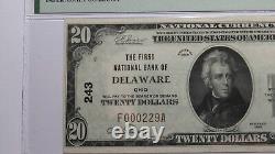 20 $ 1929 Delaware Ohio OH Billet de Banque de Monnaie Nationale Ch. #243 UNC50EPQ PMG