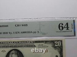 20 $ 1929 Thayer Kansas KS Billet de Banque de Monnaie Nationale Ch. #9465 UNC64 PMG
