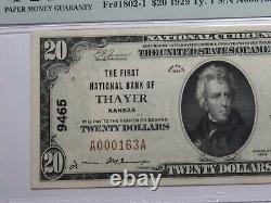 20 $ 1929 Thayer Kansas KS Billet de Banque de Monnaie Nationale Ch. #9465 UNC64 PMG
