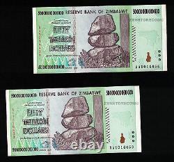 2 X 50 Trillions De Dollars Zimbabwéens Billets Aa 2008 Monnaie Authentifiée Presque Unc