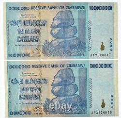 2x 100 Trillion Dollar Bill 2008 Zimbabwé Gem Unc Note De Change Paire Consecutif