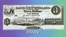 3 $ La Banque de Nouvelle-Angleterre à Goodspeed's Landing BILLET DE BANQUE CURRENCY OBSOLÈTE UNC