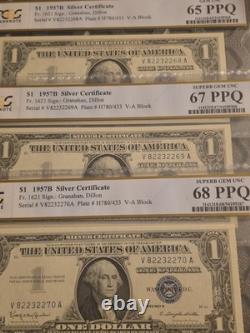 3 billets consécutifs de 1957 B UNC 68-65 1 $ Certificat d’argent Fr#1621 Superbe Gem