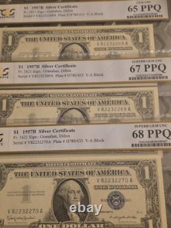 3 billets consécutifs de 1957 B UNC 68-65 1 $ Certificat d’argent Fr#1621 Superbe Gem