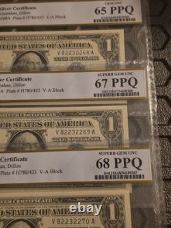3 billets consécutifs de 1957 B UNC 68-65 1 $ Certificat d’argent Fr#1621 Superbe Gem