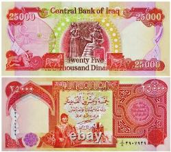 500 000 DINARS IRAKIENS 20 NEUFS Billets de 25K de la monnaie irakienne, vérifiés UV