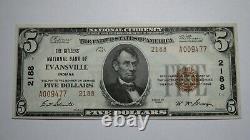 $5 1929 Evansville Indiana En Monnaie Nationale Note De La Banque Bill Ch. Numéro 2188 Unc+++