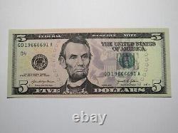 5 $ 2021 Billet de banque de la Réserve fédérale avec numéro de série Fancy Radar UNC++
