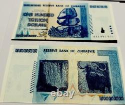 5 x DOLLARS ZIMBABWEENS AUTHENTIQUES 100 TRILLIONS 2008 AA P91 UNC UV PASSÉ COA
