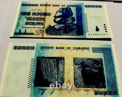 5xZimbabwe 100 billions de dollars 2008 AA P-91 billet de banque neuf UNC monnaie Zim avec COA