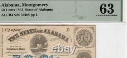 ALABAMA 1863 État de la guerre civile 50c Billet de banque obsolète ALCR4, PMG Ch UNC 63
