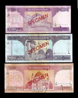 Afghanistan 100 500 1000 afghanis P-70 71 72 2002 spécimen billet de banque UNC