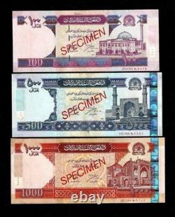 Afghanistan 100 500 1000 afghanis P-70 71 72 2002 spécimen billet de banque UNC
