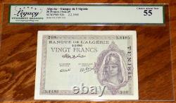 Algérie 1944-1945 20 Francs P92b HÉRITAGE 55 CHOIX À PEU PRÈS NEUF Billet de l'époque de la Seconde Guerre mondiale