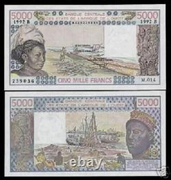 BÉNIN États de l'Afrique de l'Ouest 5000 FRANCS P-208B 1992 Bateau UNC WAS Billet de banque