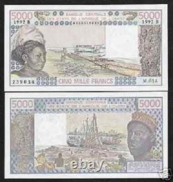 BÉNIN États de l'Afrique de l'Ouest 5000 FRANCS P-208B 1992 Bateau UNC WAS Billet de banque