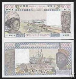 BÉNIN États de l'Afrique de l'Ouest 5000 FRANCS P-208B 1992 Bateau UNC WAS Billet de banque