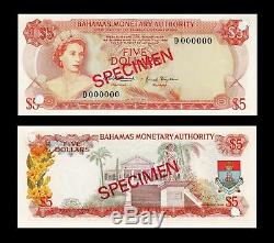 Bahamas 5 Dollars P29s 1968 Echantillon De Reine Bille Argent Monnaie Banque Note