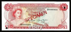 Bahamas Trois Dollars P28s 1968 Reine Specimen Unc Monnaie Monnaie Banque Note