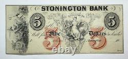 Billet de 5 $ de la Stonington Bank, Connecticut, monnaie obsolète de 1800, UNC