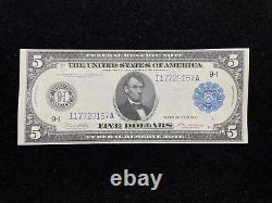 Billet de banque américain ancien de grande taille, non circulé, de 5 dollars de 1914, avec sceau bleu.
