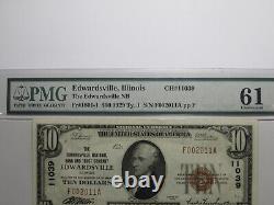 Billet de banque de la National Currency Bank de 1929 d'Edwardsville Illinois de 10 $, numéro de série 11039, UNC61 PMG