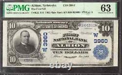 Billet de banque de la Première Banque Nationale de 1902 de 10 $ en Albion, Nebraska, PMG Choice Unc 63