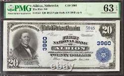 Billet de banque de la première National Bank de 1902 de 20 $ en Albion, Nebraska, PMG Choice Unc 63 EPQ