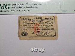 Billet de banque obsolète de Terrebonne, Louisiane, 4 $ de 1877, UNC63 PMG